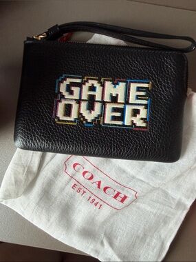 Coach Black Leather Wristlet with Pixel 'GAME OVER' Embroidery